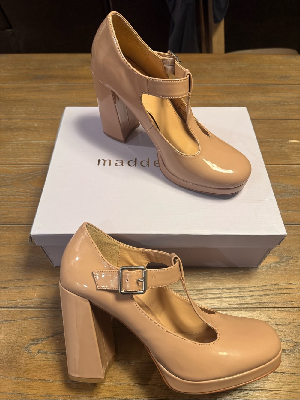 Madden Girl Patent Nude T-Strap Block Heel Pumps